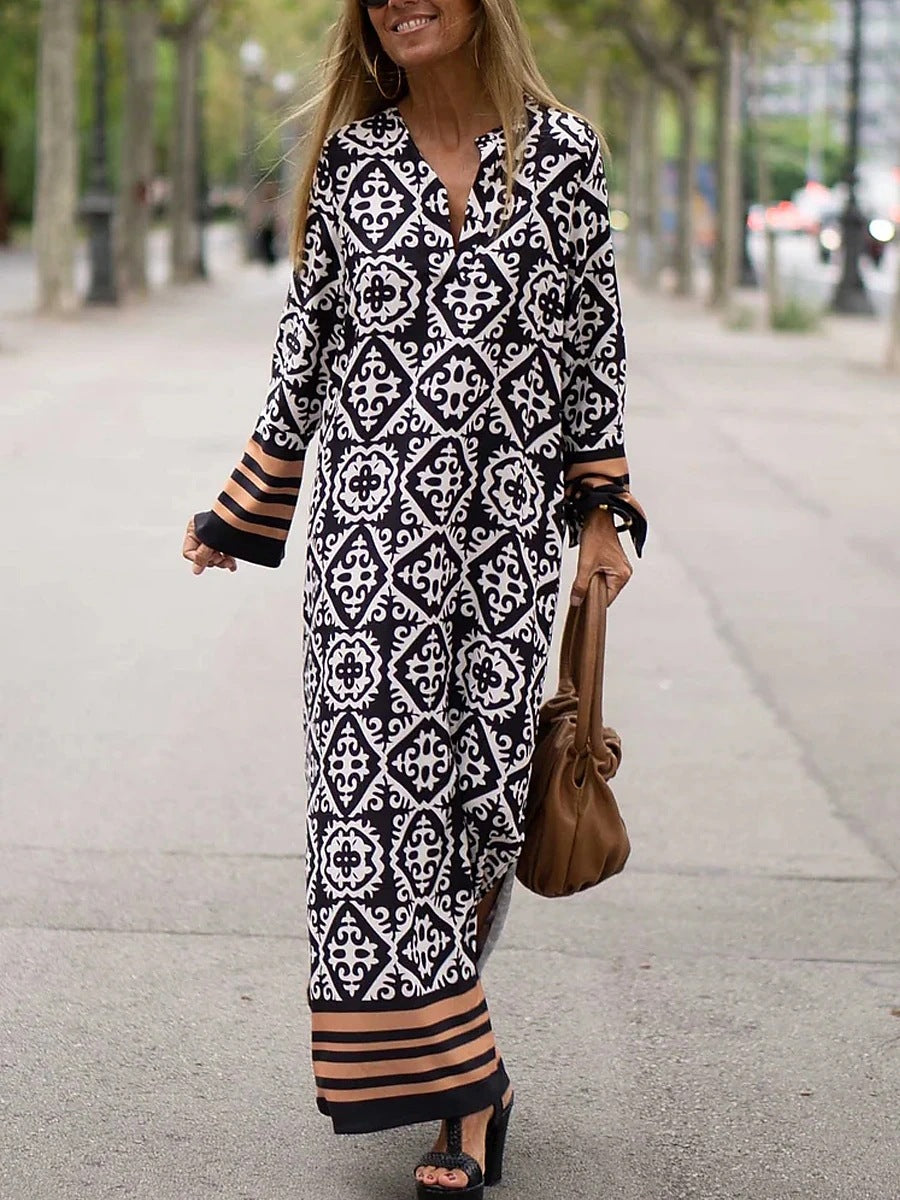 Women Casual Boho Style Geometry Stripe Print Long Sleeve V Neck Maxi Dress