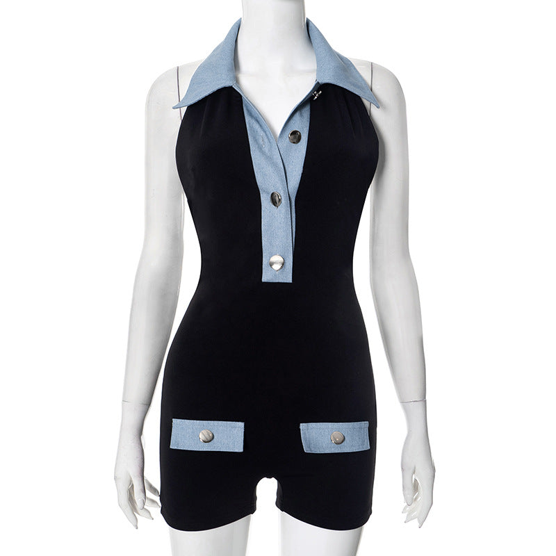 Women Fashion Sexy Denim Splicing V-Neck Rompers