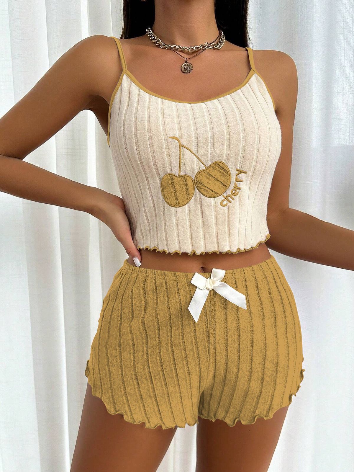 Women Fashion Sexy Embroidered Stripe Camisole and Shorts Pajama Set