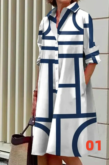 Vestido informal de manga larga con solapa y estampado para mujer
