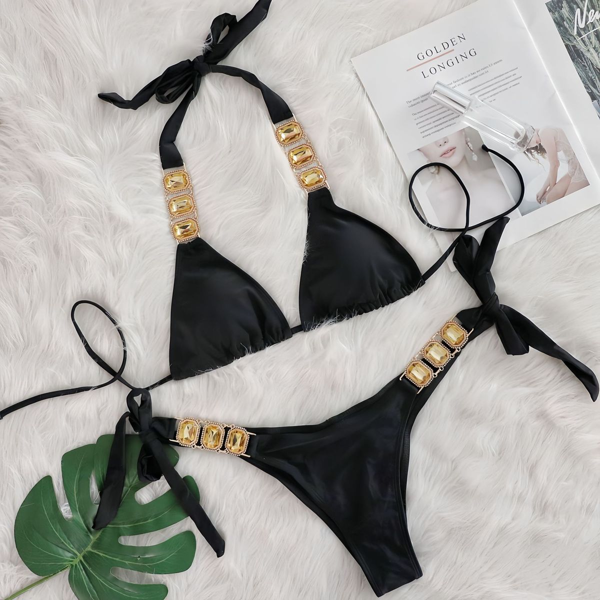 Bikini sexy con tirantes de diamantes de imitación de color sólido para mujer