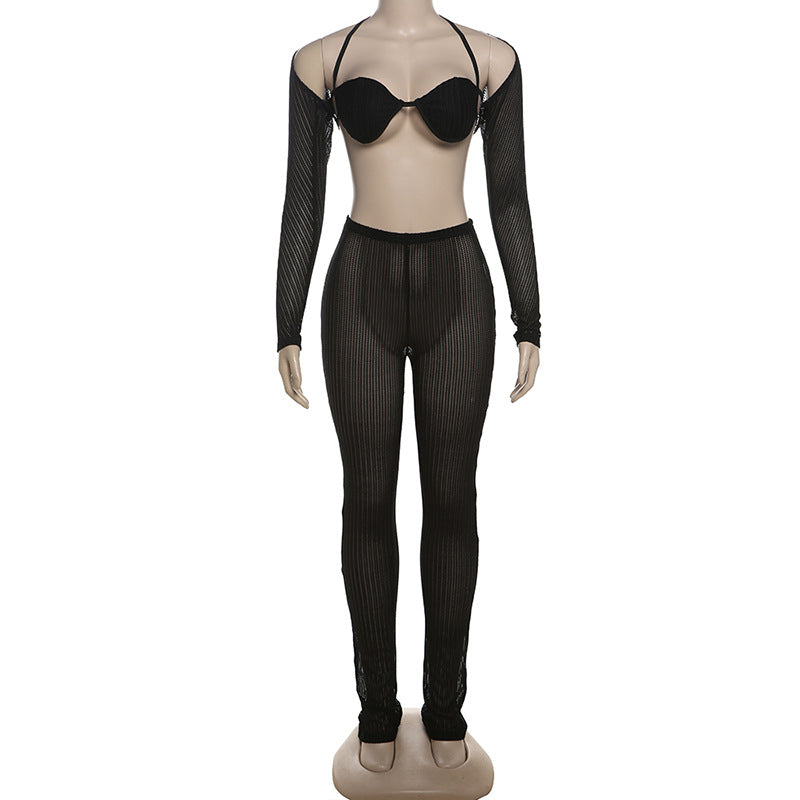 Ensemble deux pièces pour femme, haut court à manches longues et pantalon slim à lacets