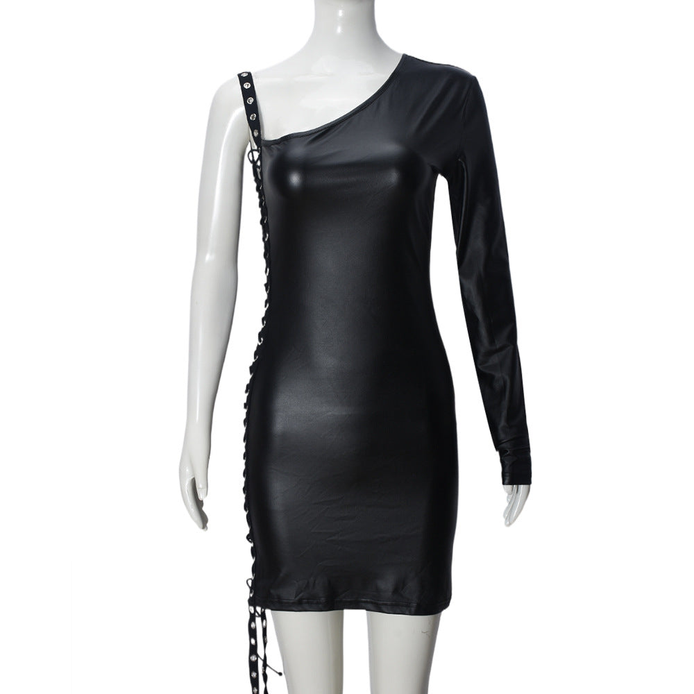 Robe sexy à lacets et col oblique pour femme, couleur unie