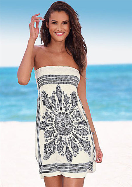 Women Casual Vintage Strapless Summer Loose High Waist Bohemian Beach Dress