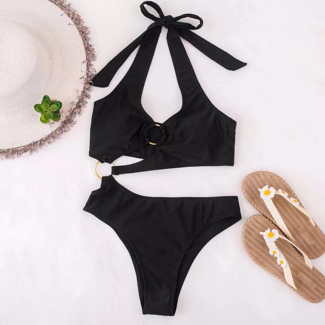 Women Fashion Sexy Solid Hollow-Out Halter Neck Swimsuit