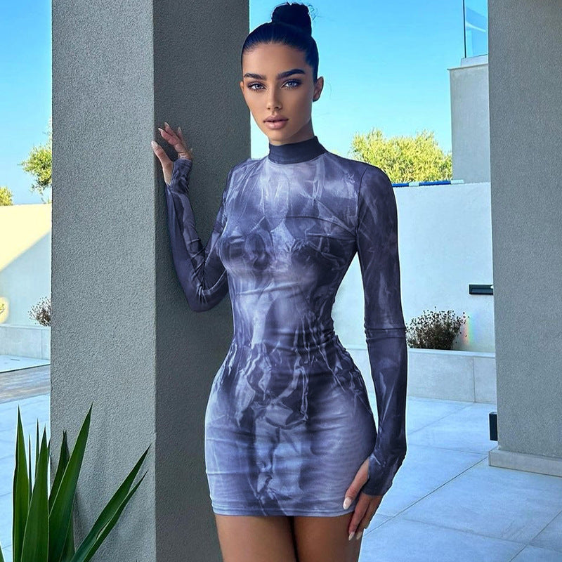 Women Fashion Sexy Printed Round Neck Long Sleeve Dress