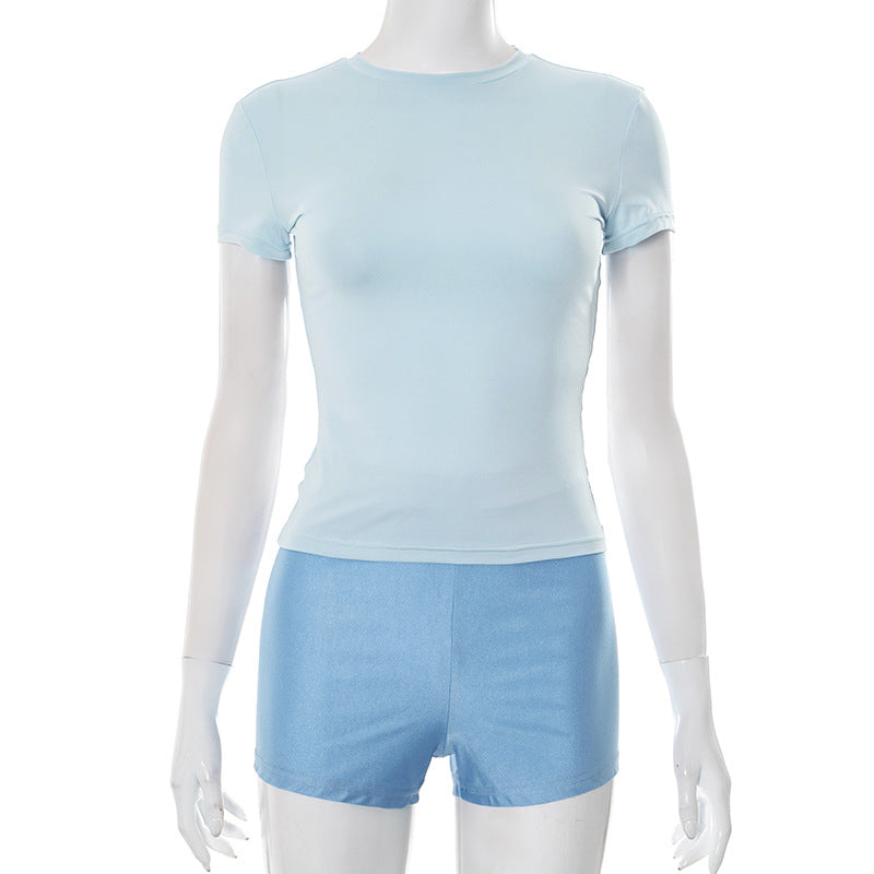 Women Fashion Short Sleeve T-Shirt and Shorts Set in Solid Color