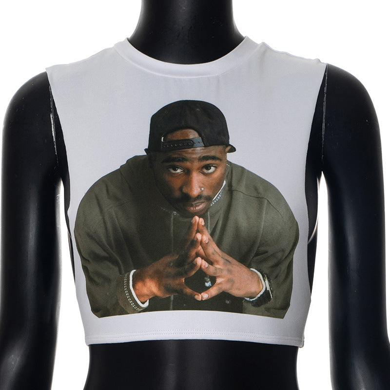 Top corto sin mangas con cuello redondo y estampado 3D sexy para mujer