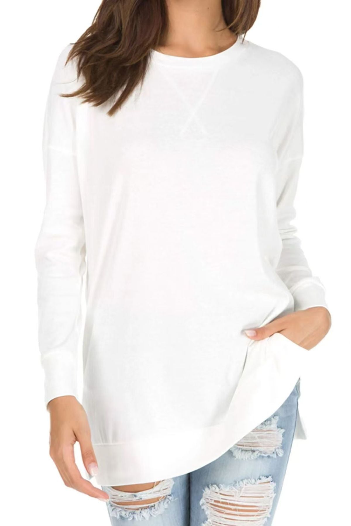 Camiseta sencilla de manga larga con cuello redondo y color liso para mujer