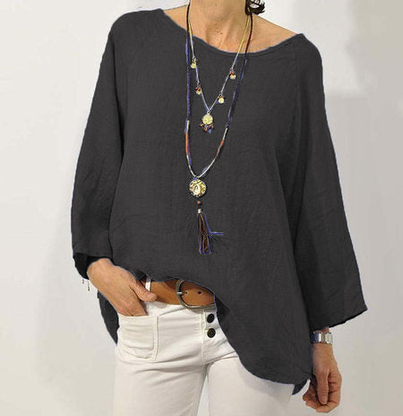 Blusa informal de lino y algodón de color liso de talla grande