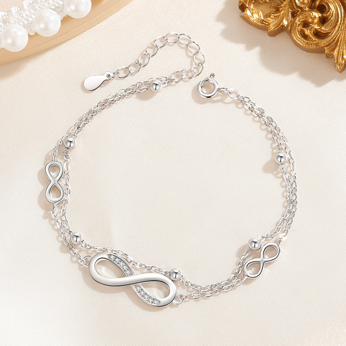 Women Fashion Elegant S925 Silver Zircon Infinite Loop Bracelet