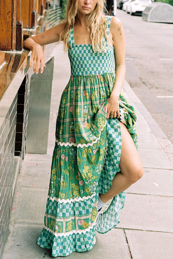 Women Fashion Printed Lace Sleeveless Backless Loose Dress