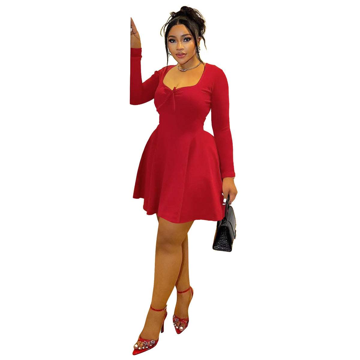 Women Fashion Casual Solid Color Plus Size Long Sleeve Dress