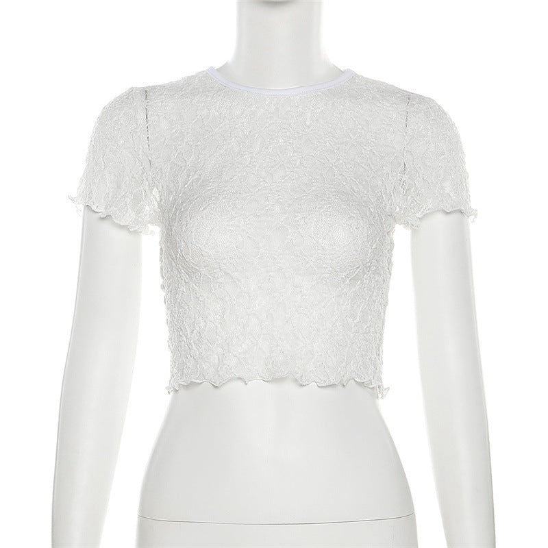 Women Fashion Sexy Lace Perspective Short Sleeve T-Shirt