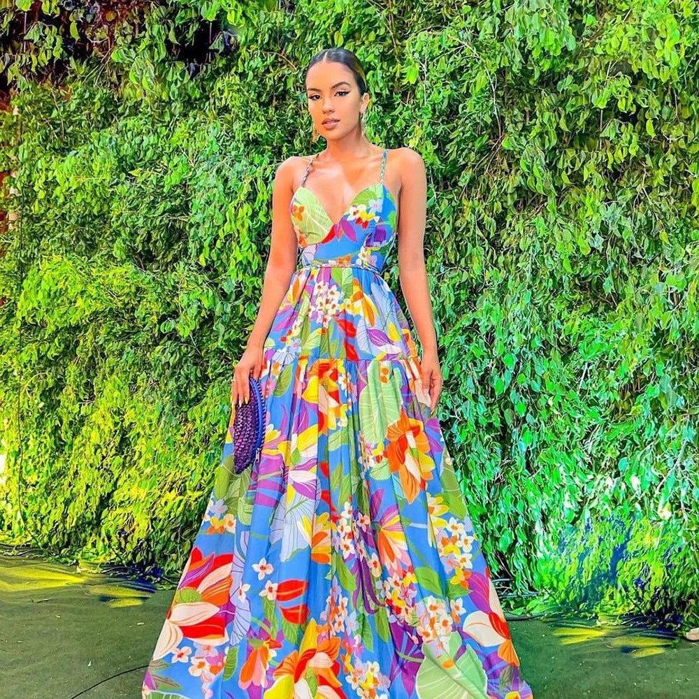 Summer Women Vacation Floral Print Large Swing Suspenders Maxi Dress