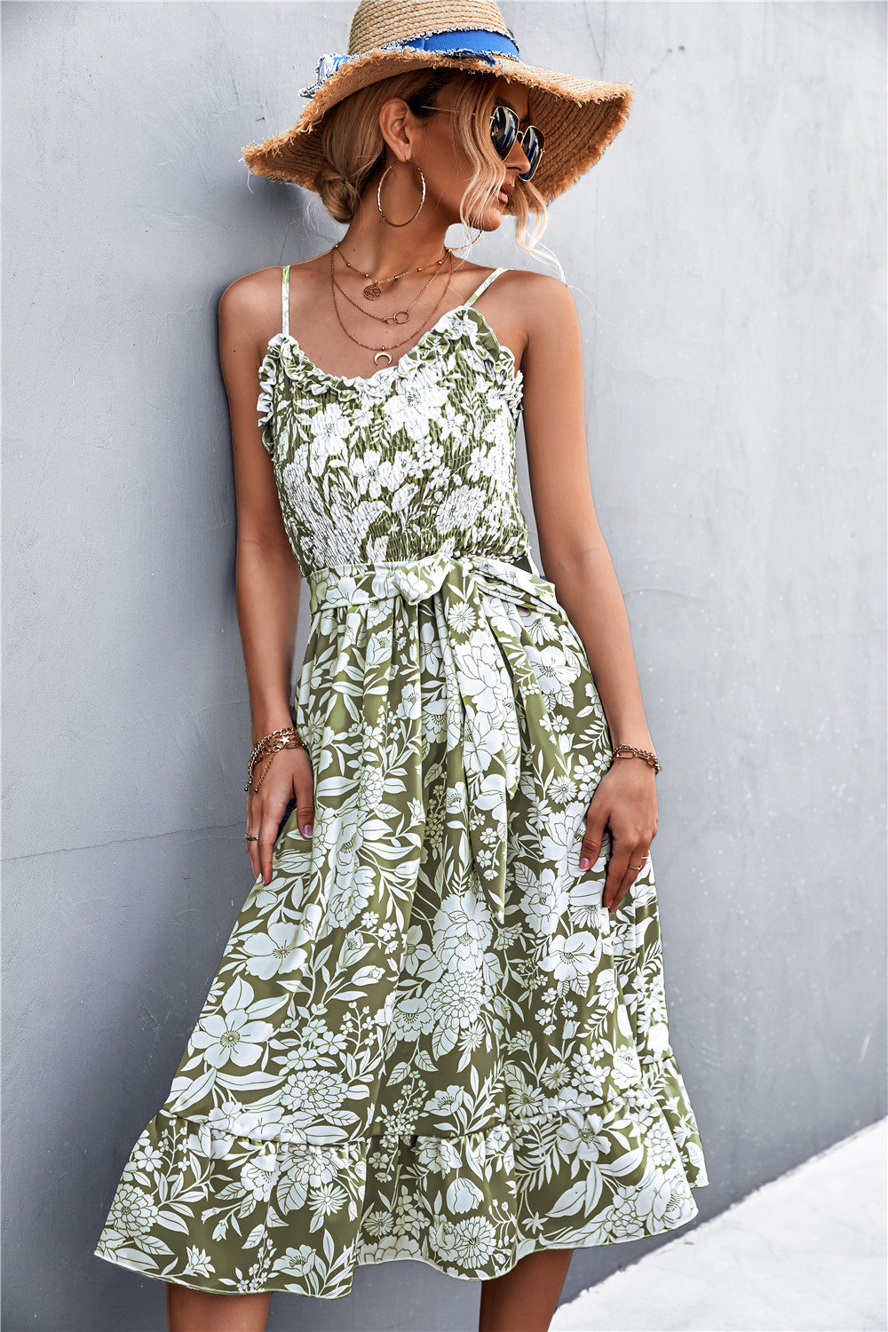 Vestido elegante bohemio sin mangas con volantes florales de verano para mujer