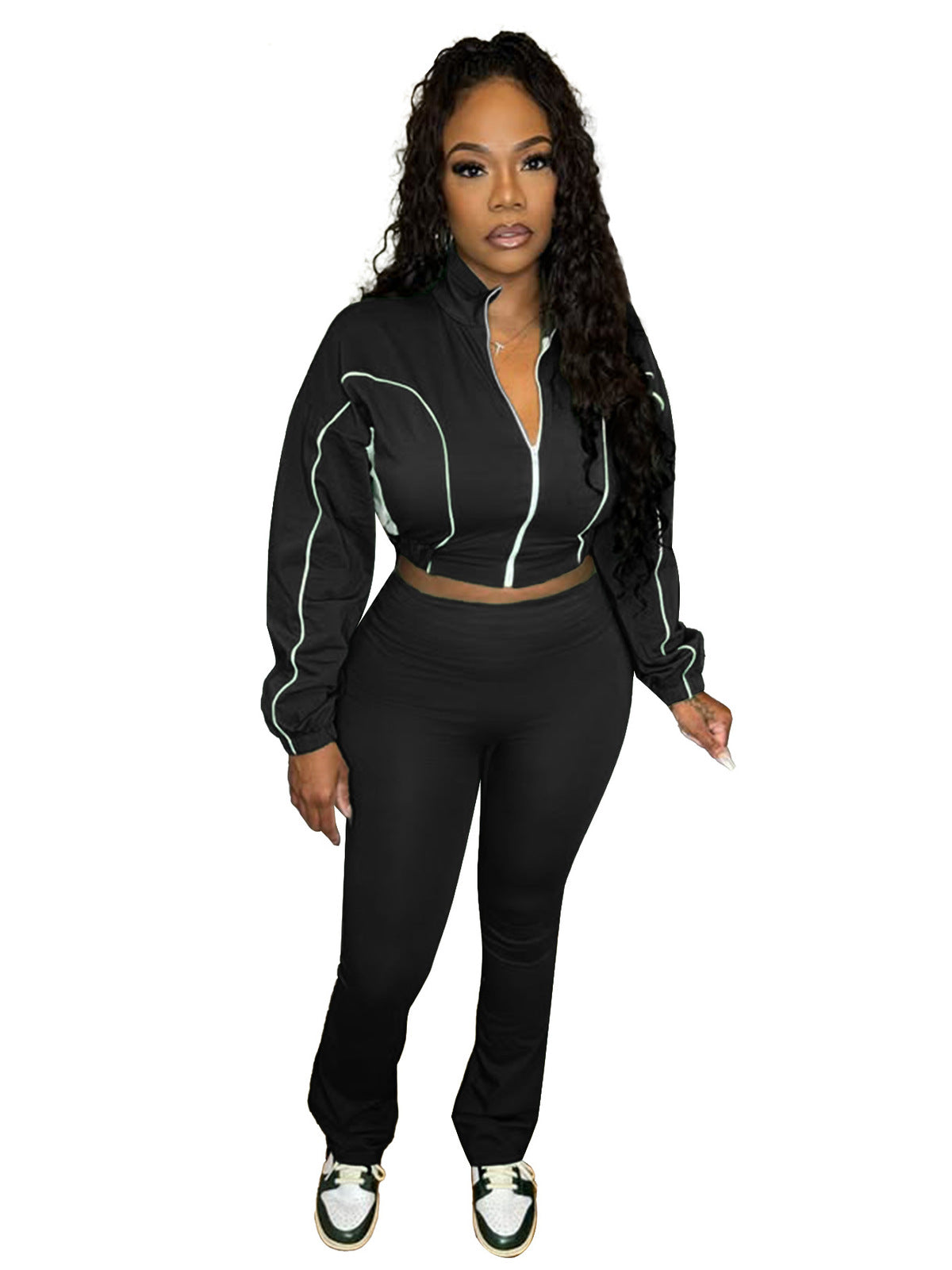 Fashion Women Double Stitching Contrast Color Zipper Crop Top and Wide-Leg Pants Set