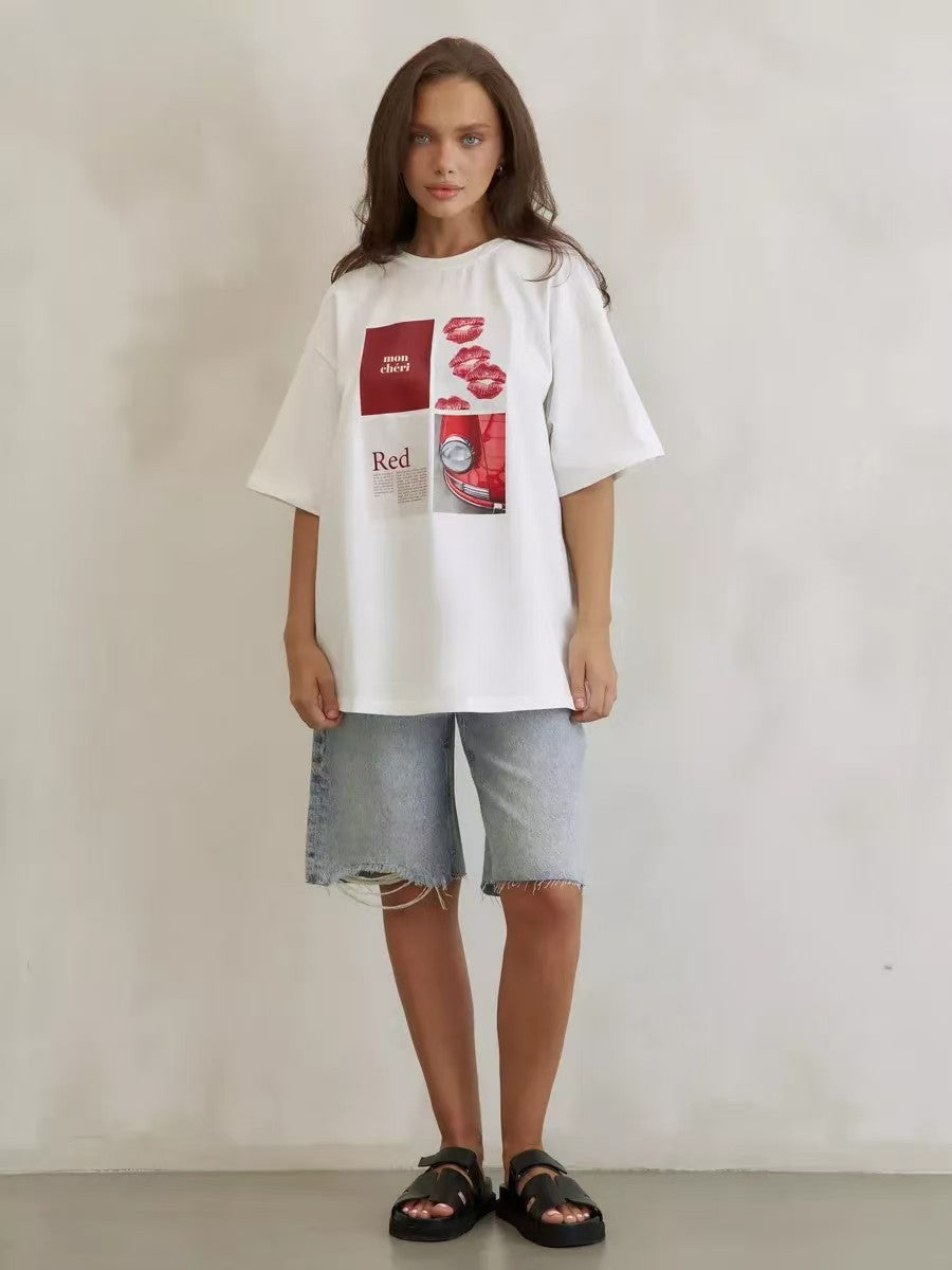 Camiseta informal de algodón con estampado de media manga para mujer
