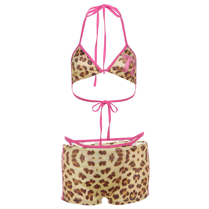 Conjunto de bikini con cuello halter y estampado de leopardo en contraste de colores para mujer