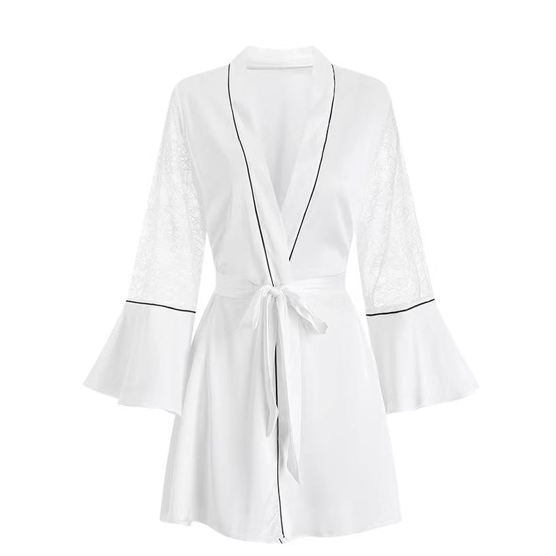 Elegant Lace Splicing V-Neck Long-Sleeve Dress Pajamas