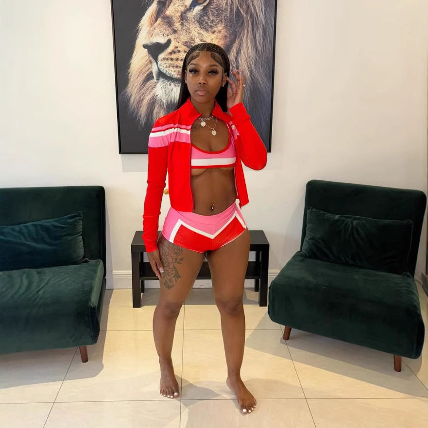 Women Fashion Sexy Contrast Color Tank Top and Shorts Set with Long Sleeve Jacket