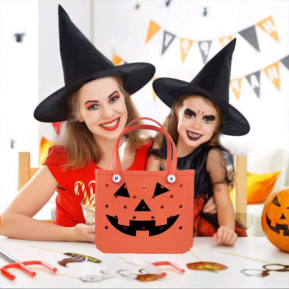 Bolso de mano con diseño de calabaza y agujero de Halloween para mujer