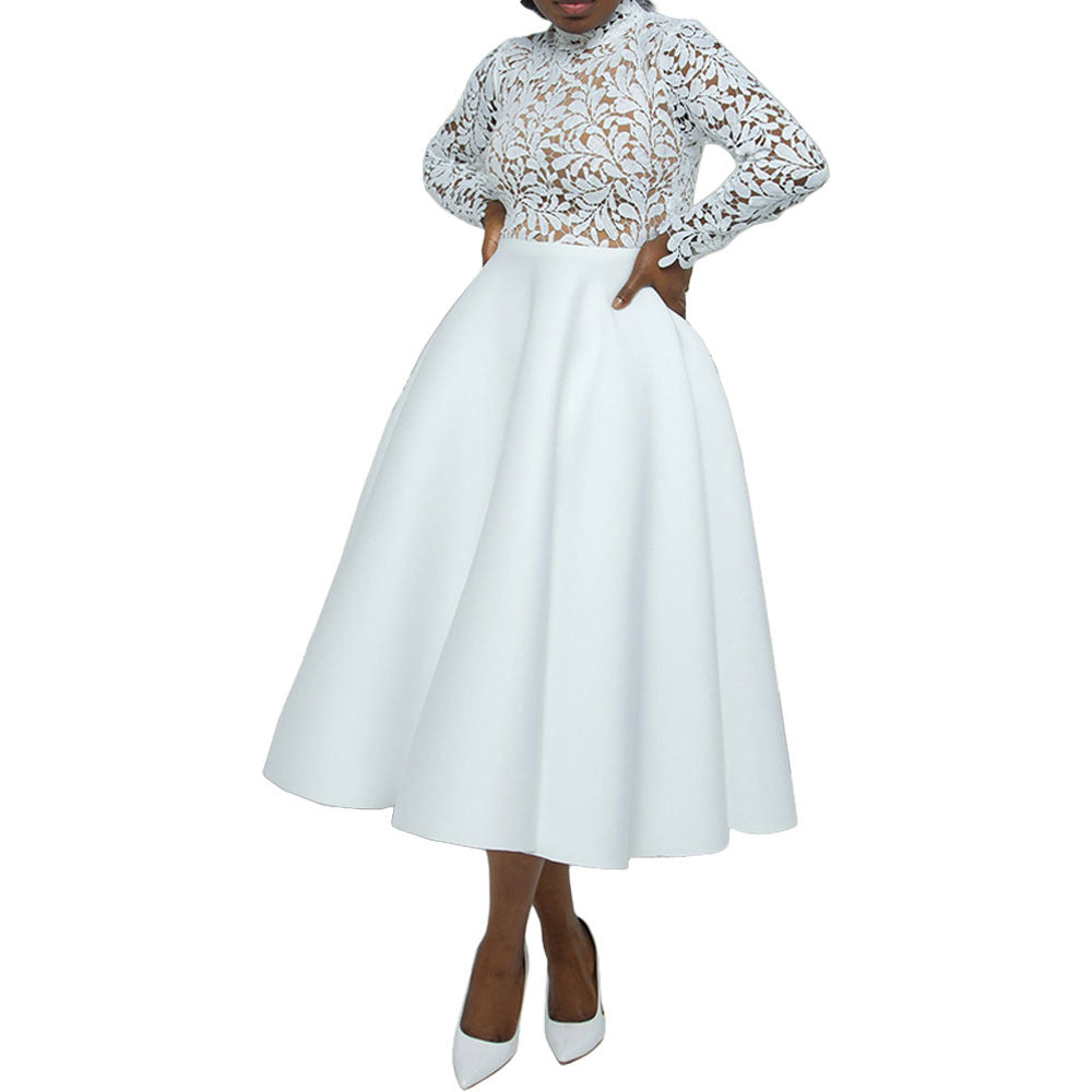 Women Fashion Solid Color Lace Petal Dress