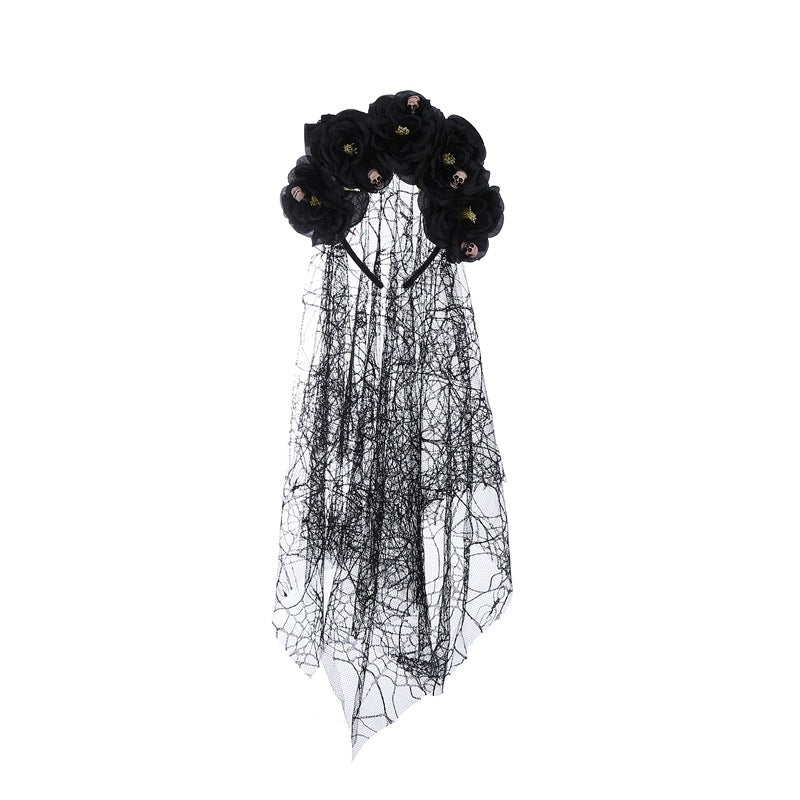 Bandeau en tissu de style gothique avec motif floral et tête de mort, ornement d'Halloween