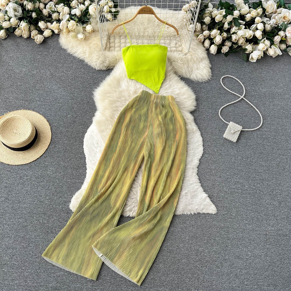 Ensemble deux pièces pour femme, caraco à bretelles spaghetti et pantalon large en tissu mélangé