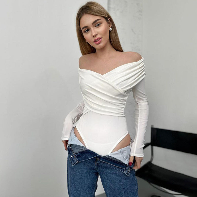 Body elegante de primavera y otoño con escote en V y hombros descubiertos y manga larga