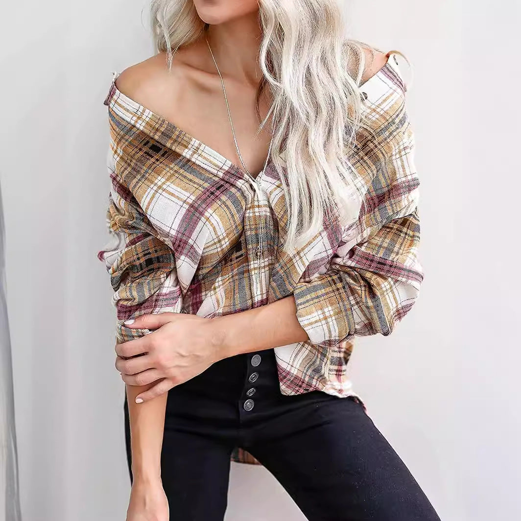 Blusa informal de manga larga con cuadros y bloques de color para mujer