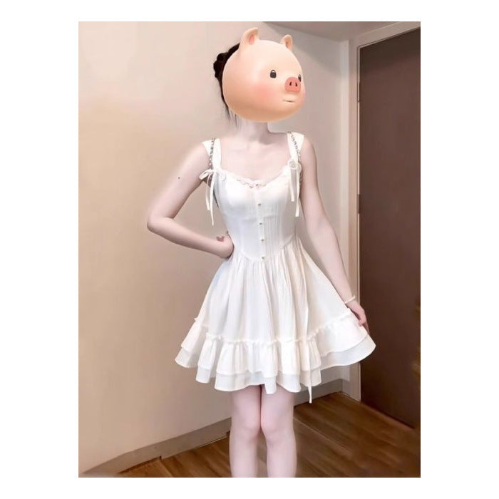 Women Elegant Lace Stitching Sleeveless Dress with V-Neck