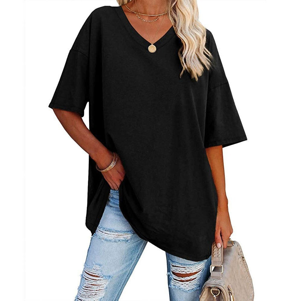 Camiseta informal holgada de manga corta con cuello en V para mujer, color liso