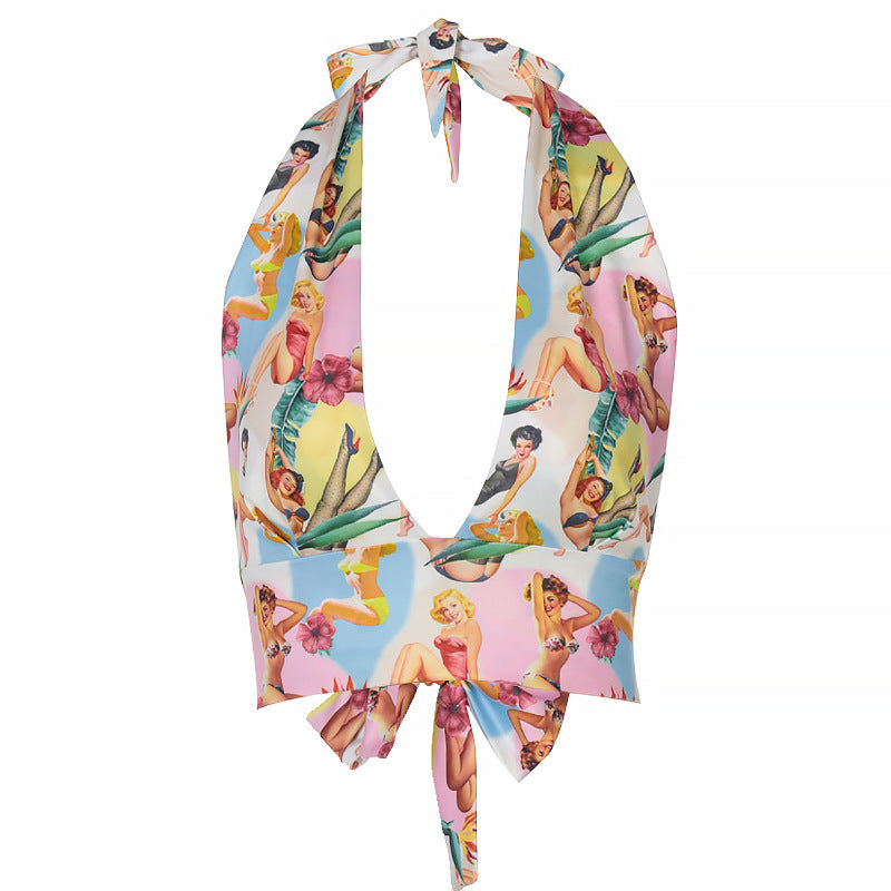 Top corto con cuello halter, espalda descubierta y estampado de personajes sexys para mujer