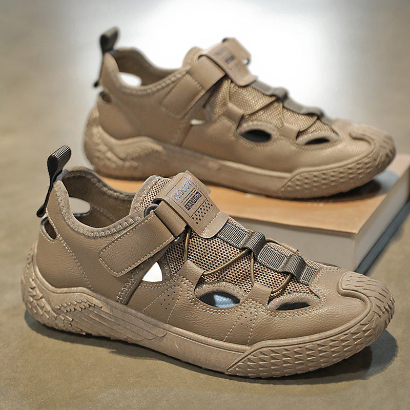 Sandales plates à enfiler pour homme, style plage, avec doublure en maille et scratch