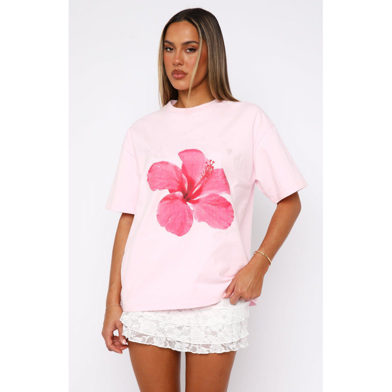 T-shirt ample décontracté en coton à imprimé floral pour femme