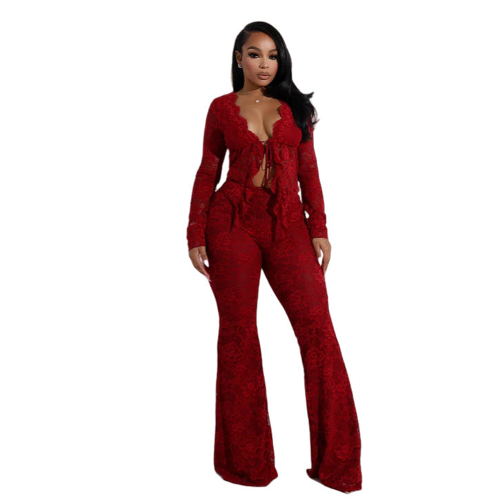 Conjunto de top de manga larga y pantalón ajustado con encaje calado para mujer