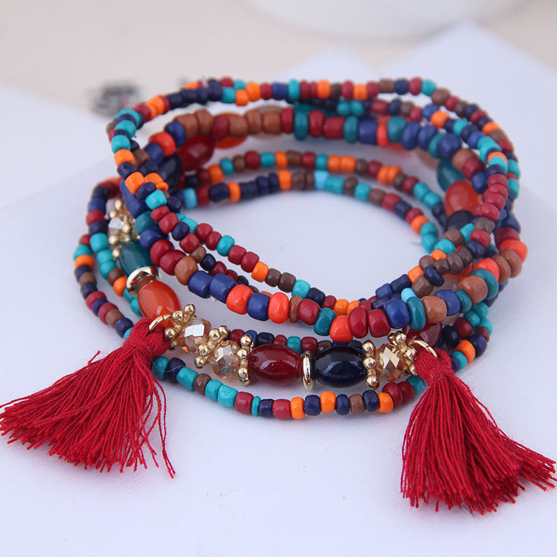 Conjunto de pulseras con borlas y mini cuentas multicolores bohemias