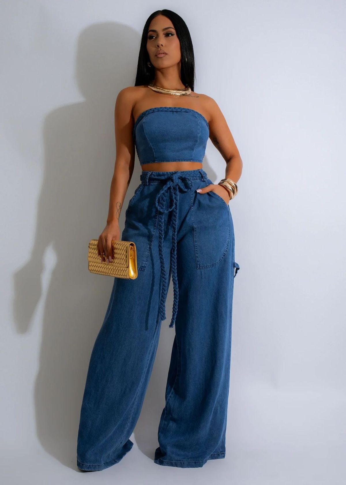 Ensemble jean à lacets et haut tube en denim décontracté pour femme
