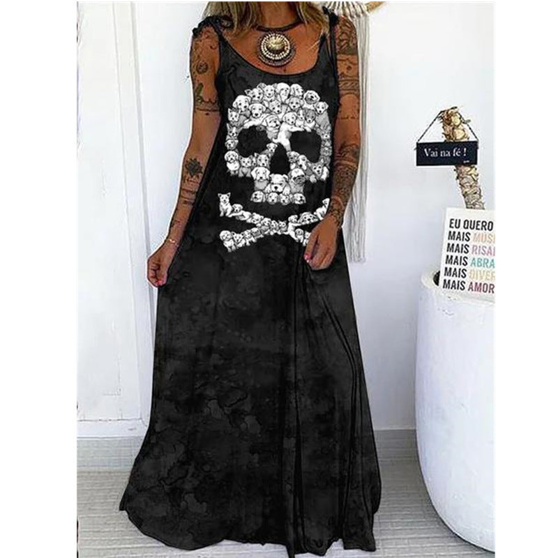 Vestido largo holgado con estampado de calavera de Halloween para mujer, estilo bohemio informal