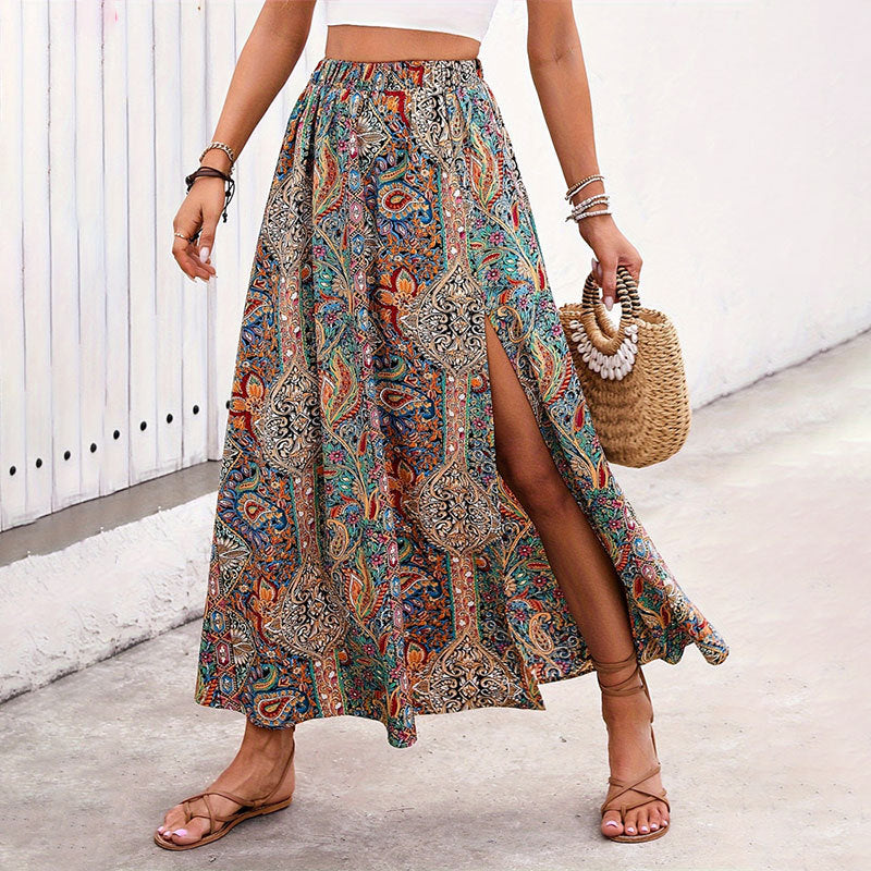 Women Fashion Boho Printed Split Loose Skirt