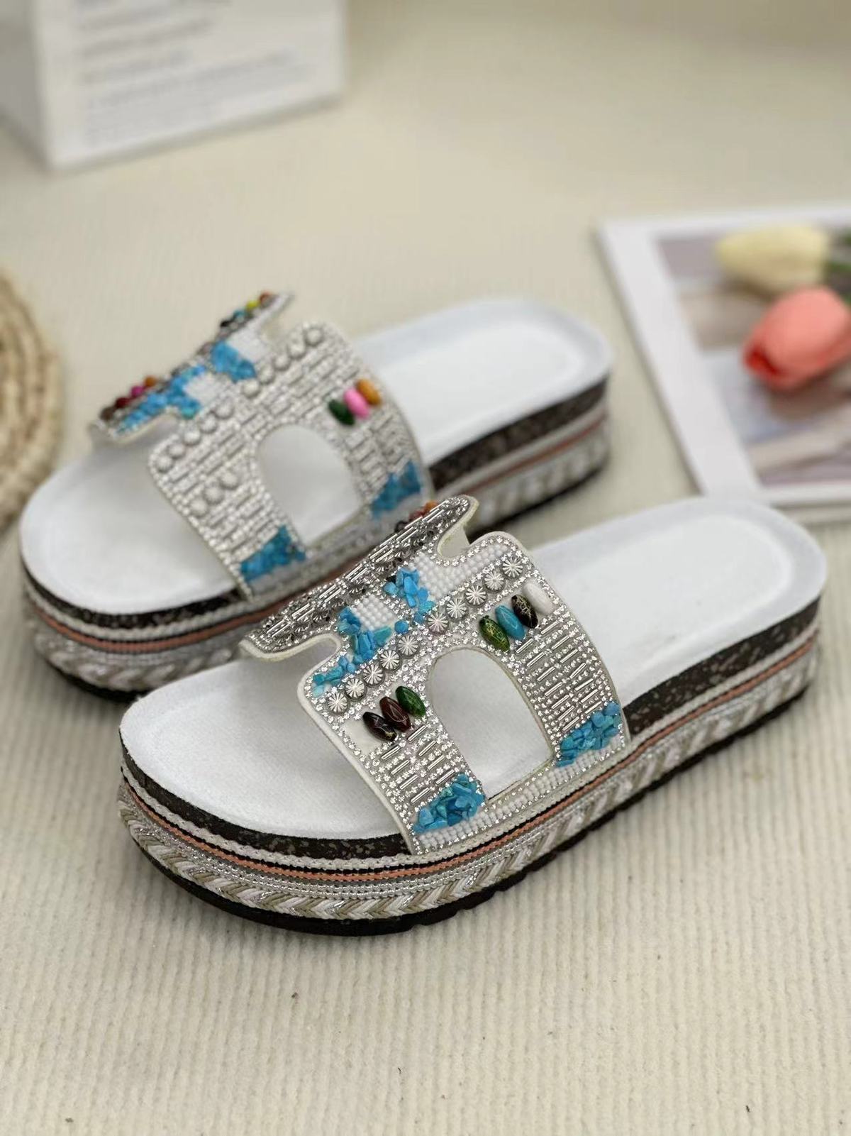 Pantuflas informales tejidas con diamantes de imitación a la moda para mujer