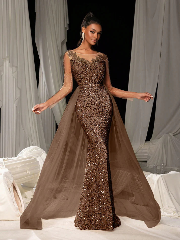 Women Fashion Elegant Solid Color Lace Sequins Long Sleeve Party Dress