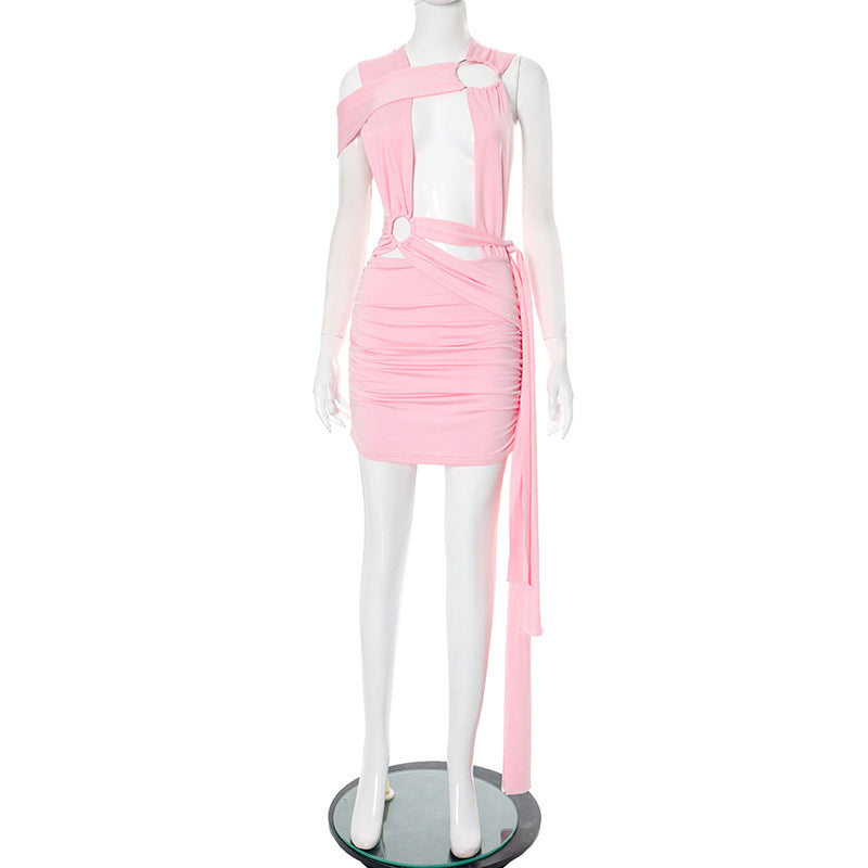 Women Fashion Short Sleeveless Dress with Irregular Cross Hollow-Out Design