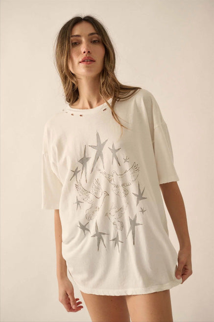 Camiseta informal de manga corta con cuello redondo y estampado para mujer