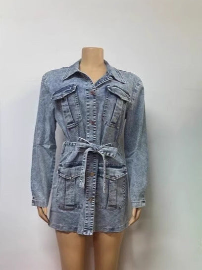 Vestido vaquero informal de manga larga para mujer