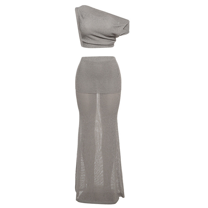 Ensemble haut court et jupe sexy à épaules inclinées de couleur unie pour femme
