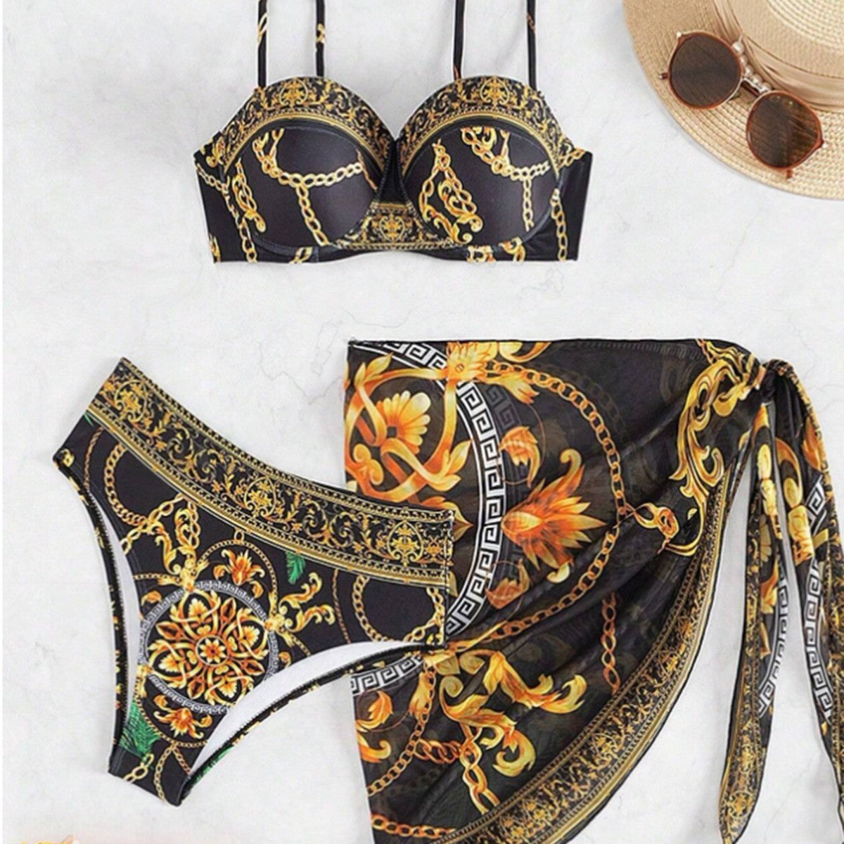 Traje de baño sexy estampado para mujer, conjunto de tres piezas
