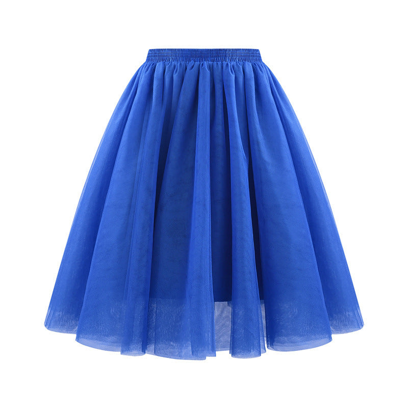 Women Fashion Elegant Solid Color High Waist Pleated Mesh Skirt