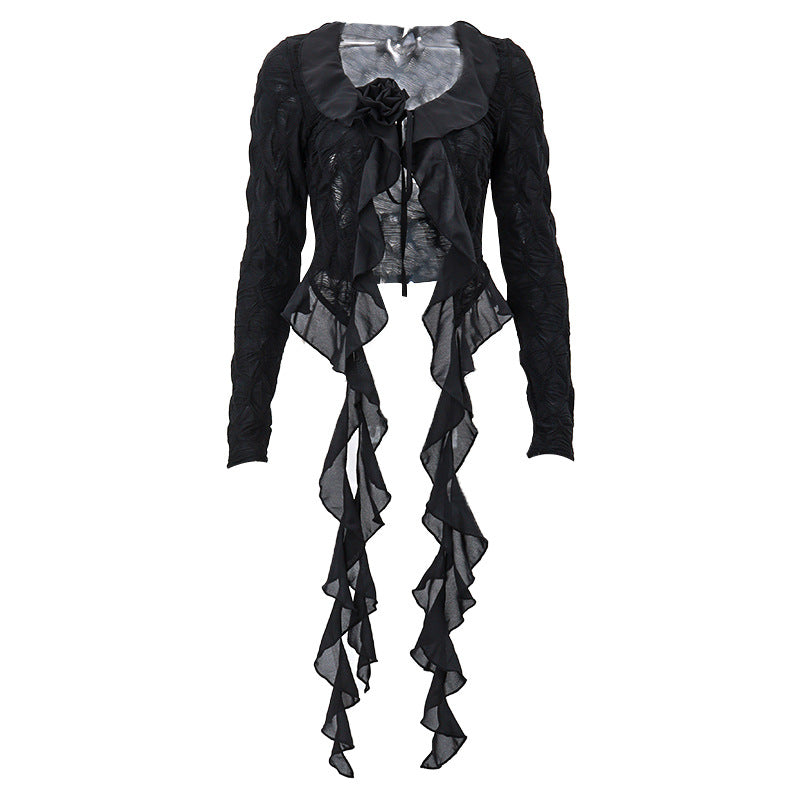 Women Fashion Sexy Solid Color Mesh Edge V-Neck Blouse